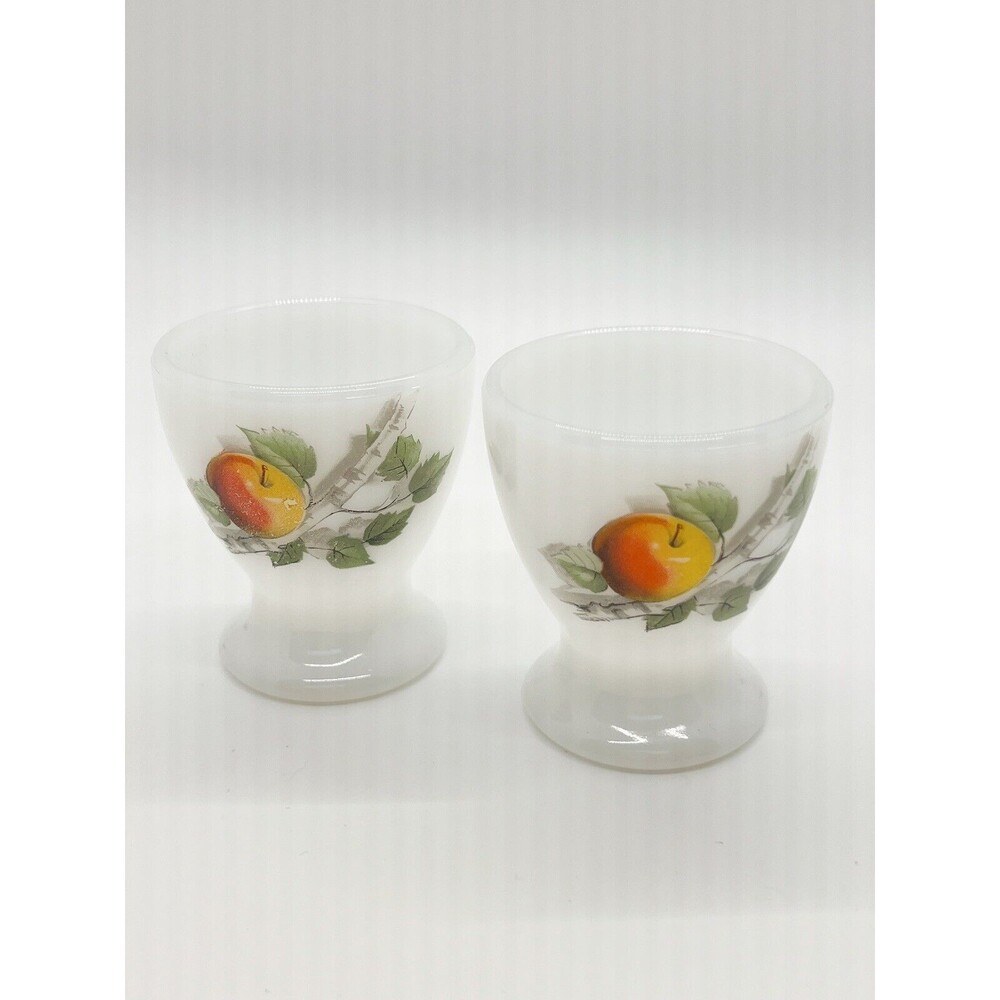 Vtg. Arcopal France Egg Cups Milk Glass Fruit Peach Apple Tree Branch Set Of 2